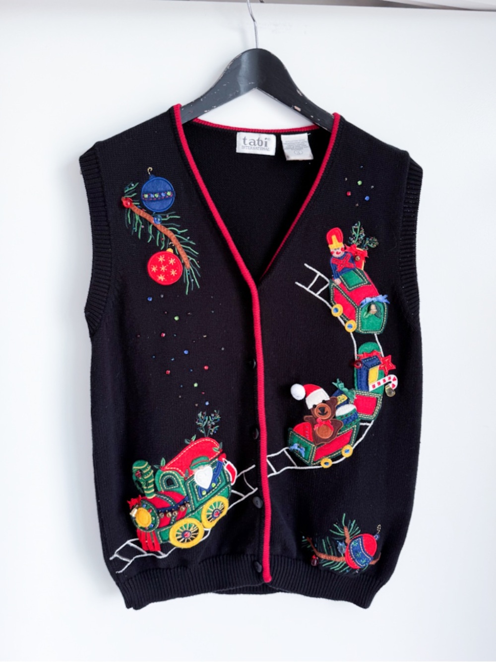 Vtg Tabi Christmas Train Sweater Vest  Holiday Knit Beaded Embroidery L fits M